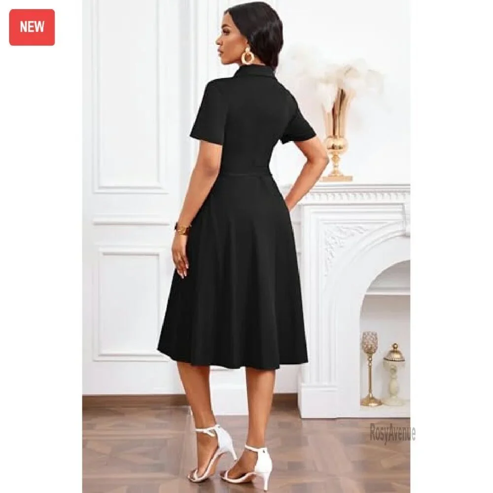 Midi V-Neck Button Dress with Pockets and Belt - Lightweight Polyester